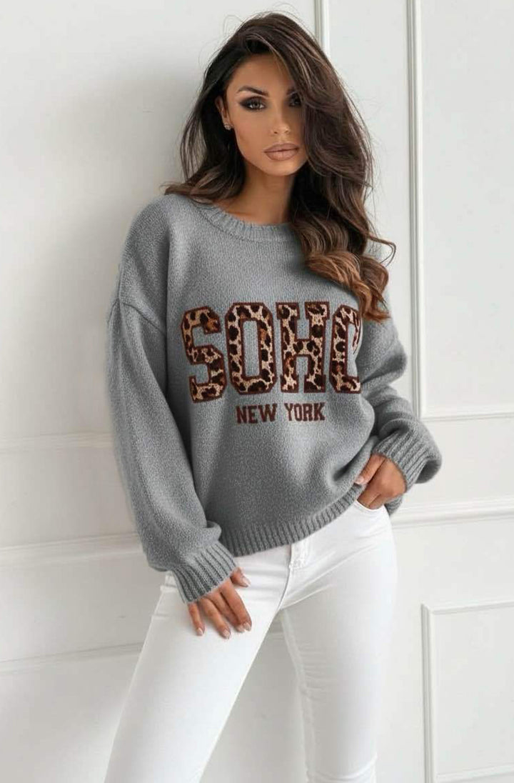 Nixi “Soho NY” Animal Graphic Knit Sweater Jumper-Grey
