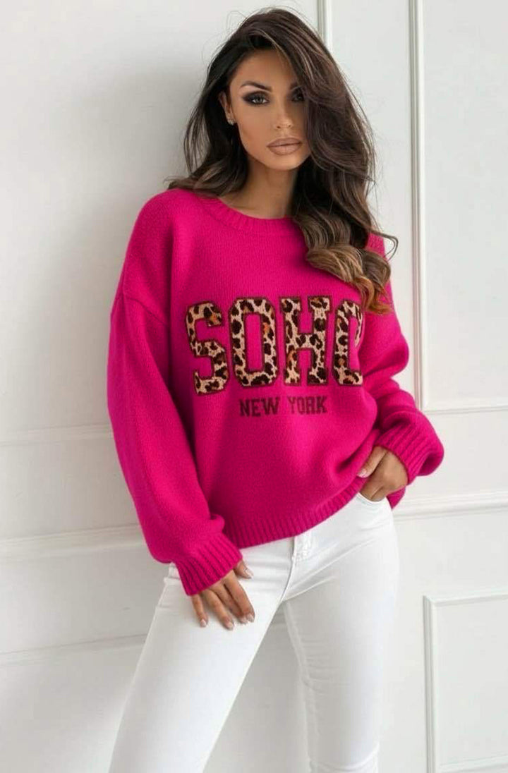 Nixi “Soho NY” Animal Graphic Knit Sweater Jumper-Hot Pink
