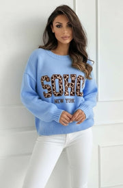 Nixi “Soho NY” Animal Graphic Knit Sweater Jumper-Blue