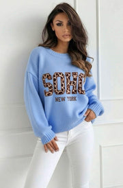 Nixi “Soho NY” Animal Graphic Knit Sweater Jumper-Blue
