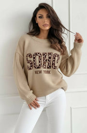 Nixi “Soho NY” Animal Graphic Knit Sweater Jumper-Stone