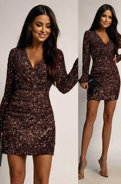 Noelia Stretch V-Neck Long Sleeve Mini Dress-Chocolate