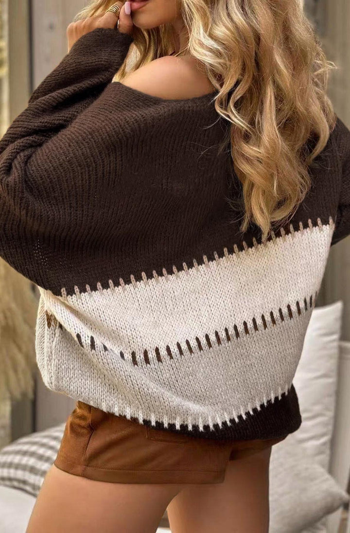 Noemi Contrast Light Knitted Sweater-Brown