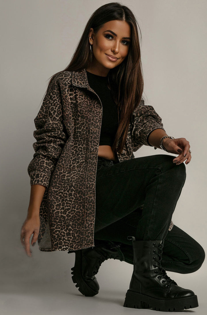 Nola Oversized Leopard Denim Shacket-Brown