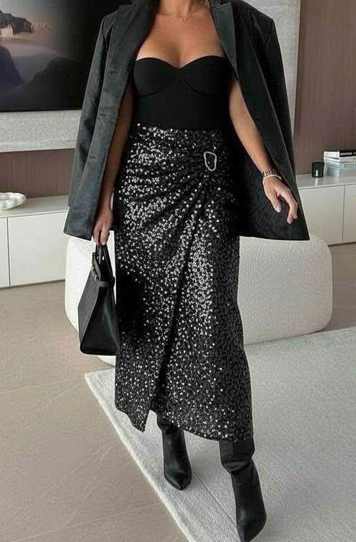 Nori Sequin Wrap Gold Buckle Midaxi Skirt-Silver