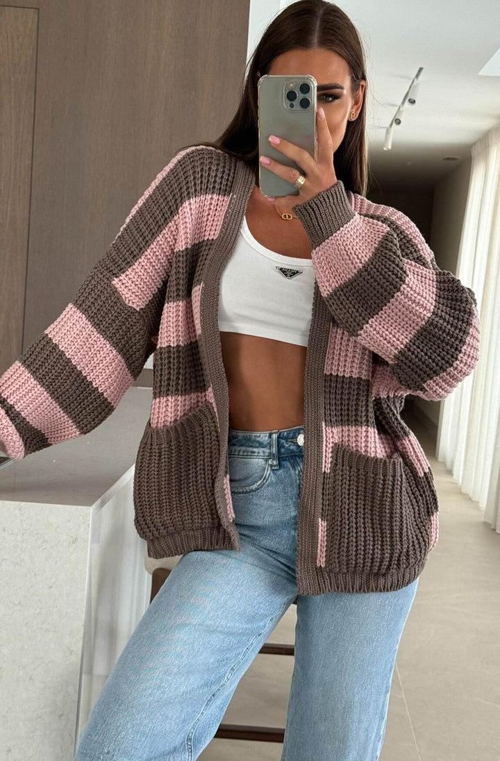 Norina Striped Pocket Detail Cardigan-Pink