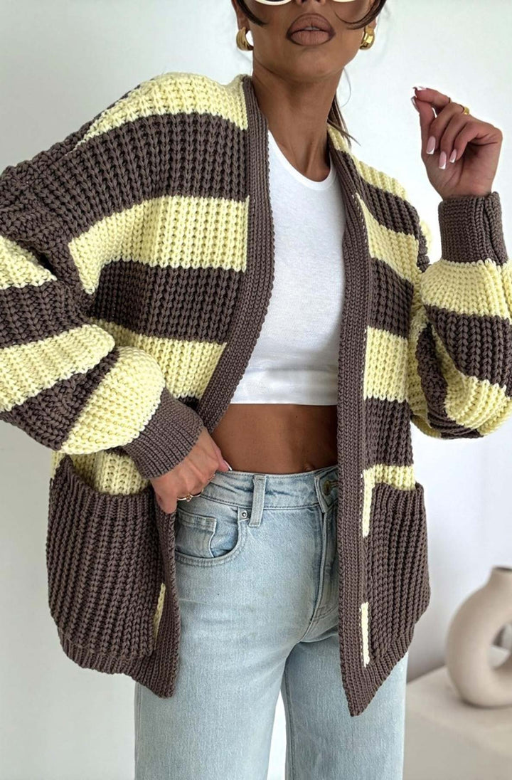 Norina Striped Pocket Detail Cardigan-Yellow