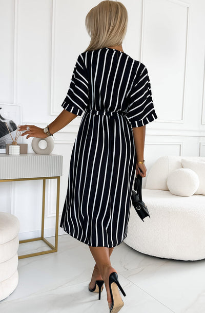 Novana Striped Side Slit Wrap Midaxi Dress-Black