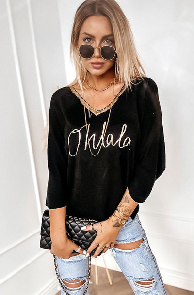 'Oh La La' Metallic Printed Light Knitted Top-Black