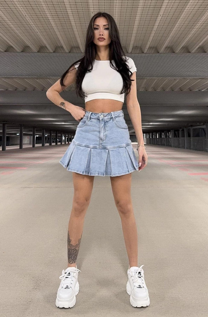 Oriana Frill Denim Mini Skort-Light Blue