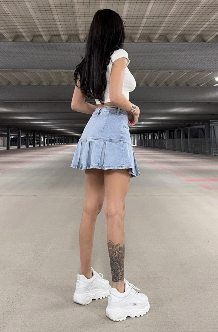 Oriana Frill Denim Mini Skort-Light Blue