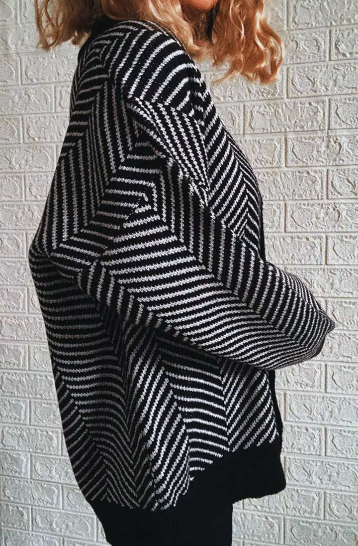Penelope Contrast Striped Knitted Cardigan-Black