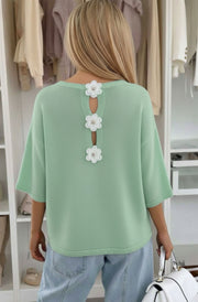 Phoebe Floral Appliqué Lightweight Open-Knit Fabric Knitted Jumper-Sage