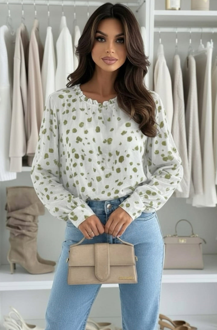 Pixie Abstract Print Frill Neck Chiffon Blouse Top-Khaki