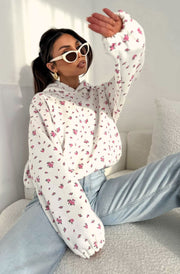 Posy Floral Print Hooded Lightweight Sweatshirt Jumper -Ivory