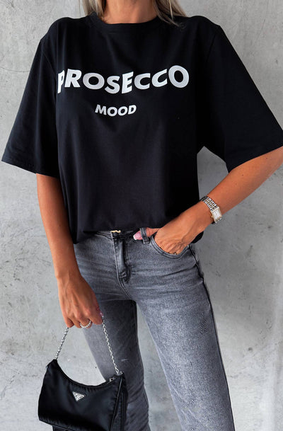 'Prosecco' Mood Printed Oversized T-shirt Top-Black