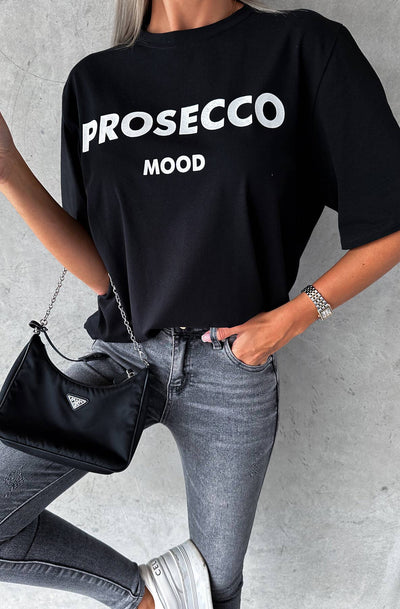 'Prosecco' Mood Printed Oversized T-shirt Top-Black