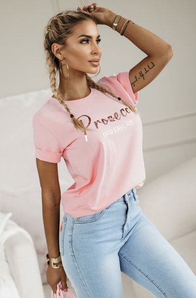 'Prosecco Per Favore' Graphic Printed T-Shirt Top-Dusty Pink