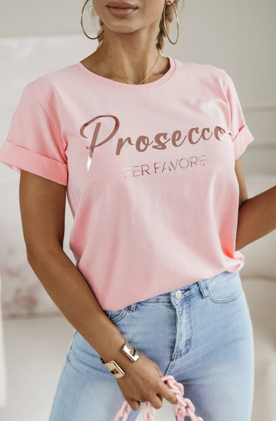 'Prosecco Per Favore' Graphic Printed T-Shirt Top-Dusty Pink