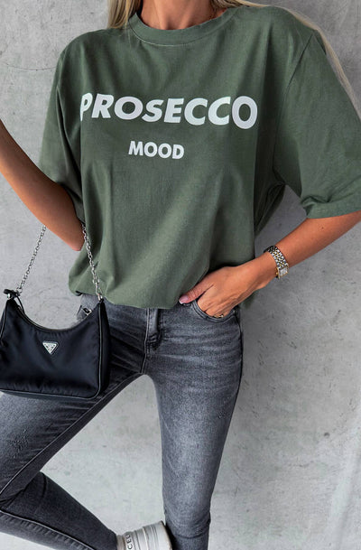 'Prosecco' Mood Printed Oversized T-shirt Top-Khaki