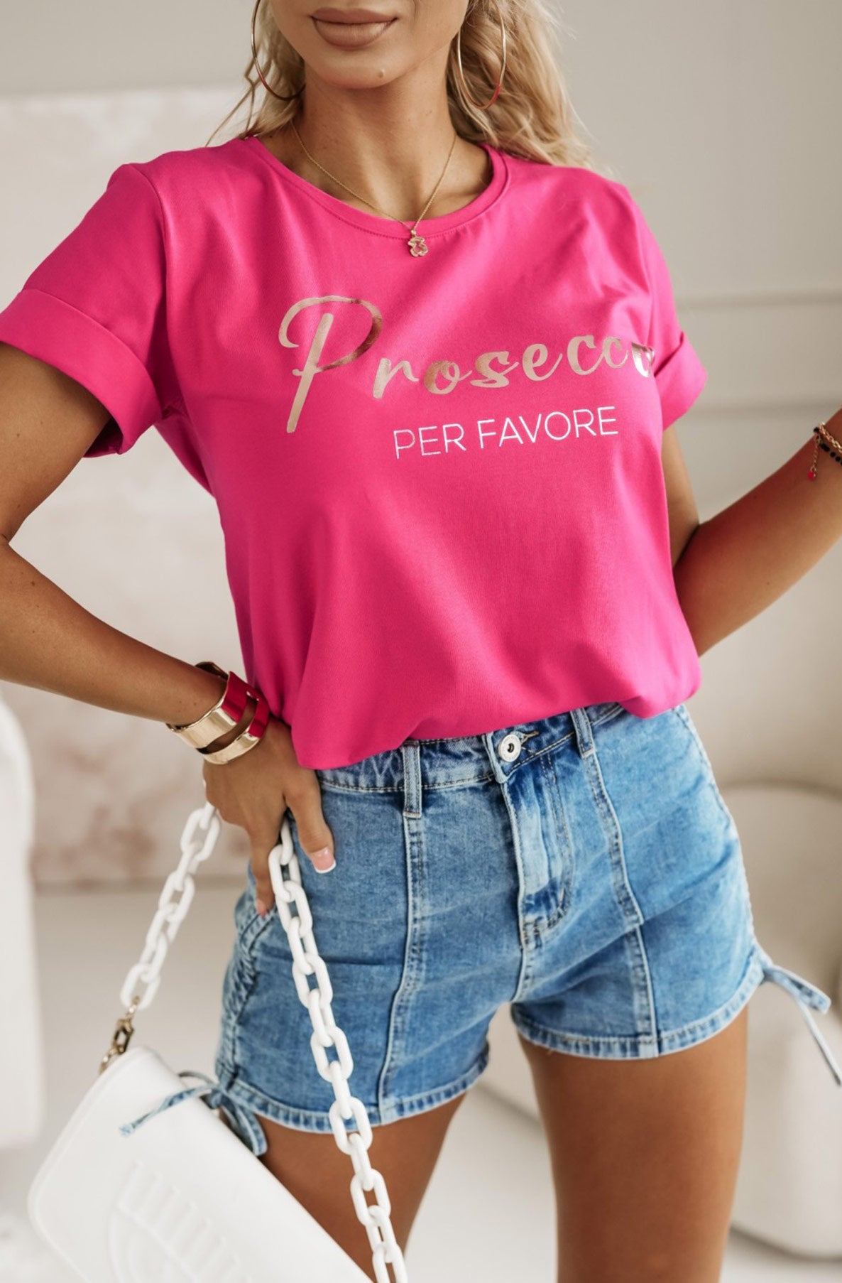 'Prosecco Per Favore' Graphic Printed T. Shirt Top-Hot Pink