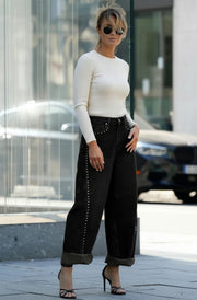 Raya High Rise Studded Balloon Denim Jeans-Black