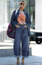 Raya High Rise Studded Balloon Denim Jeans-Blue