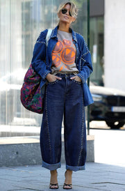 Raya High Rise Studded Balloon Denim Jeans-Dark Blue