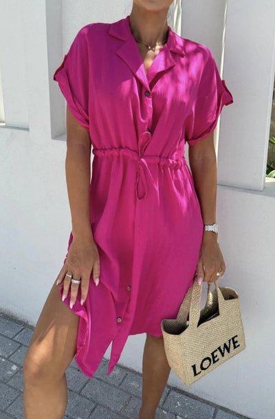 Raya Tie Up Button Detail Dress-Hot Pink