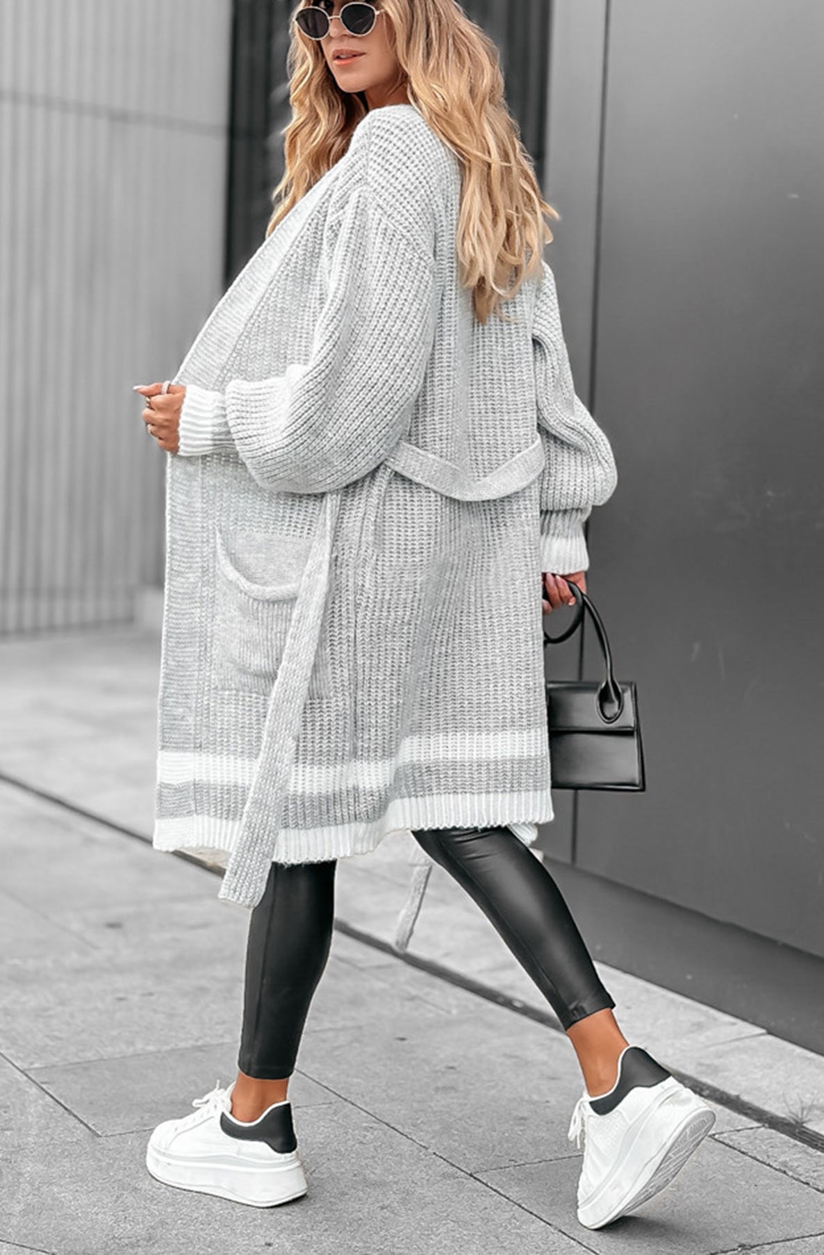 Raye Striped Longline Knitted Cardigan-Grey