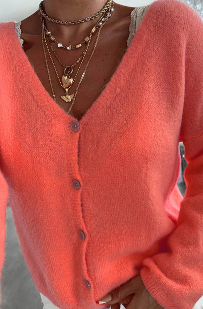 Rebecca Long Sleeves Light Knitted Cardigan-Coral