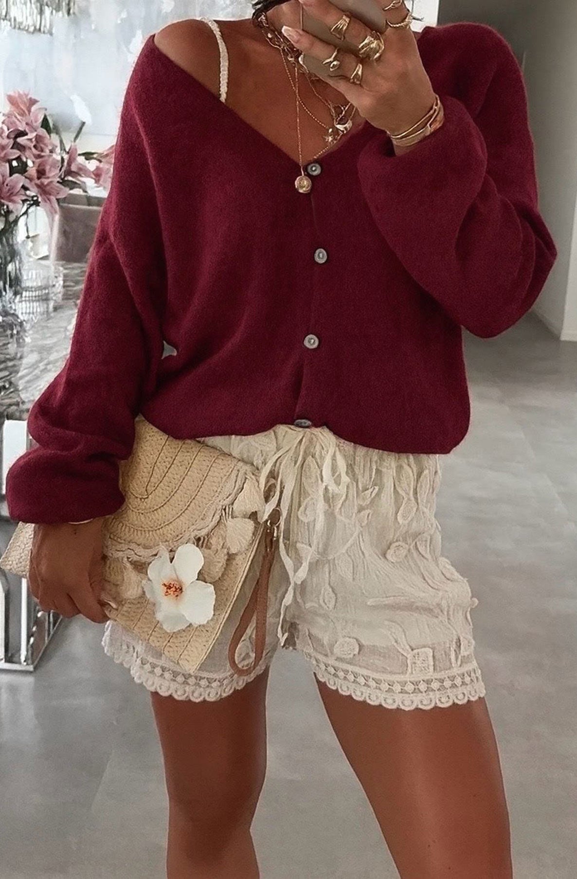 Rebecca Long Sleeves Light Knitted Cardigan-Wine