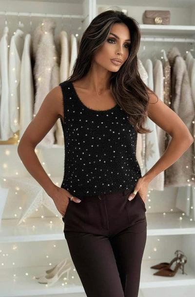 Rina Eyelash Textured Sequin Sleeveless Top-Black