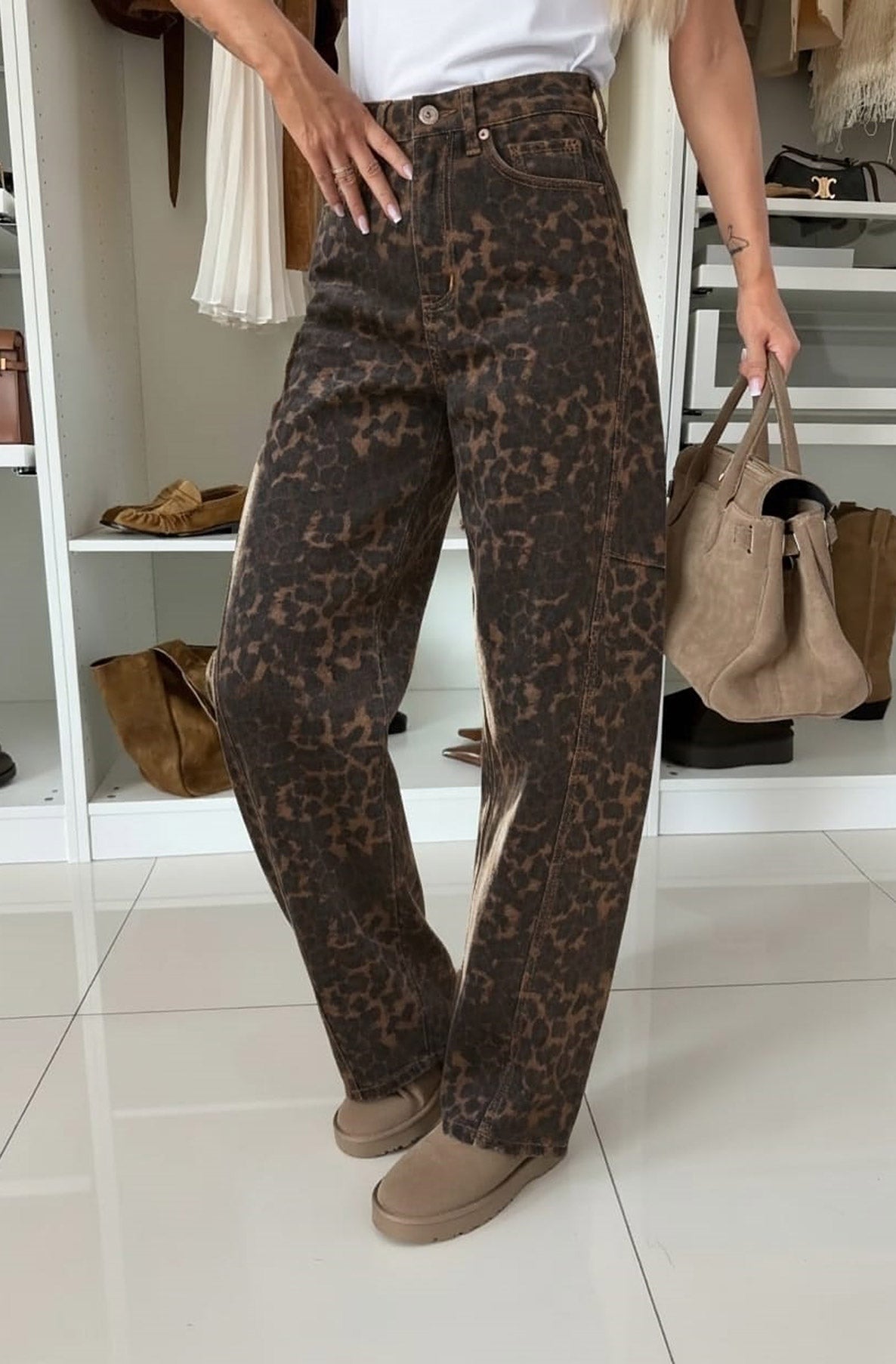 Rocco Leopard High Waisted Balloon Denim Jeans-Brown
