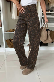 Rocco Leopard High Waisted Balloon Denim Jeans-Brown