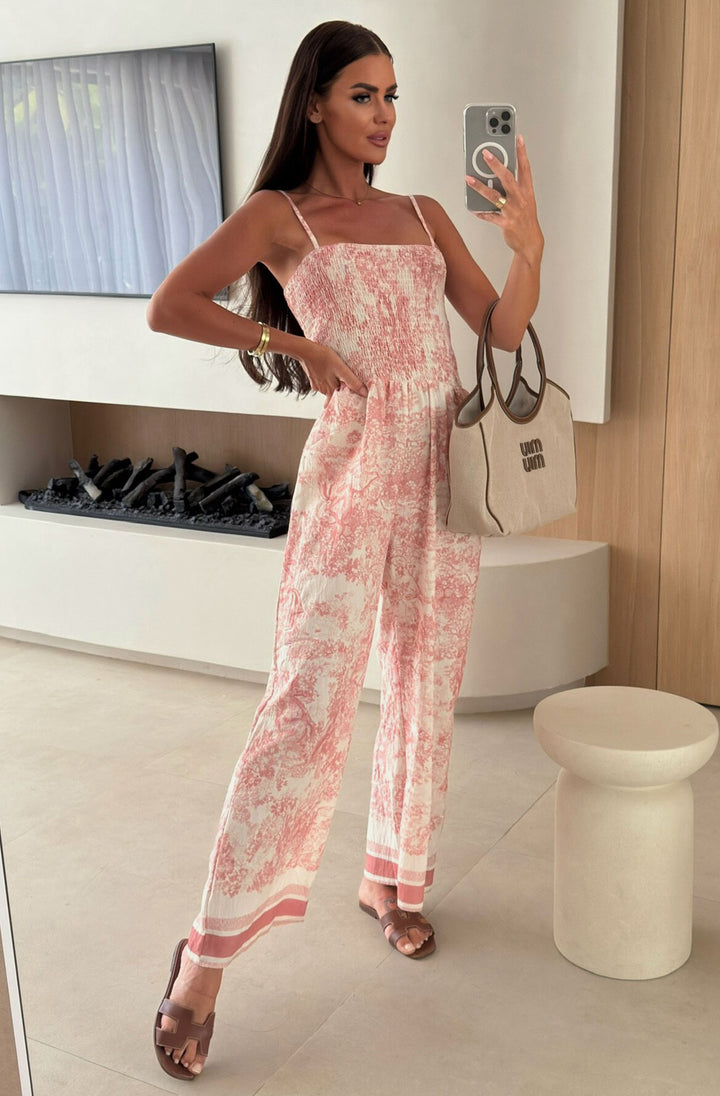 Rosetta Floral Shirred Wide Leg Jumpsuit-Coral