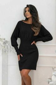 Rosy Batwing Knit Shimmer Dress-Black