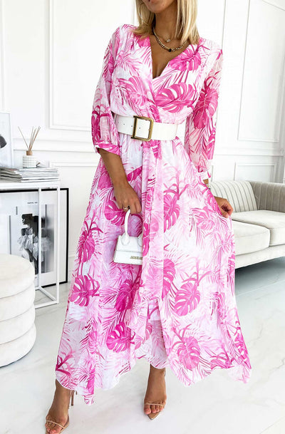 Roxanne Tropical Printed Chiffon Maxi Dress-Pink