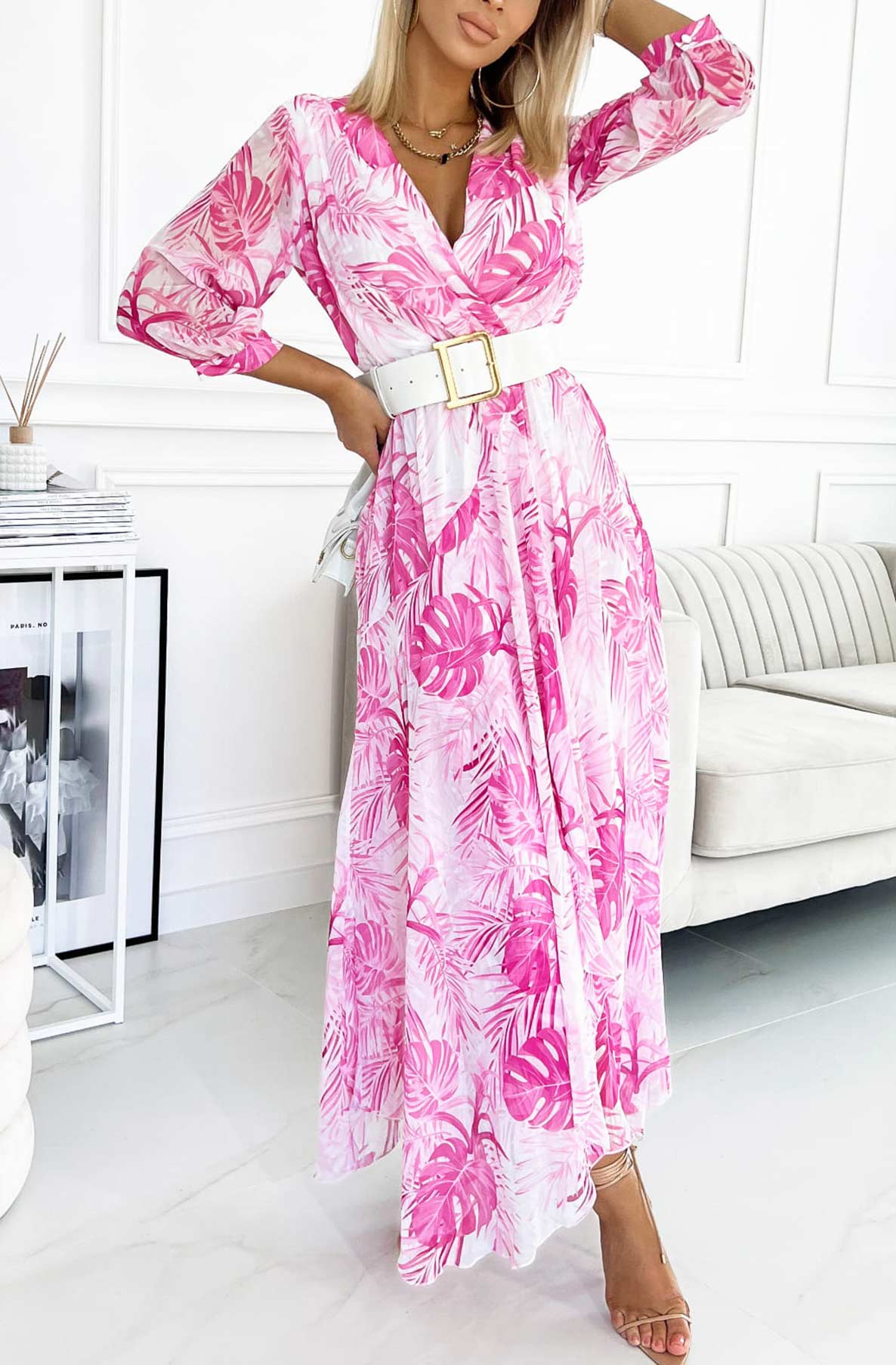 Roxanne Tropical Printed Chiffon Maxi Dress-Pink