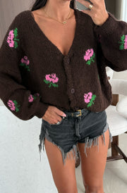 Rozie Floral Knitted Cardigan-Dark Brown