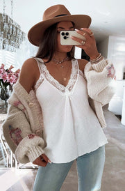 Ruby Cotton Gauze Style Delicate Lace Camisole Vest Top-Ivory