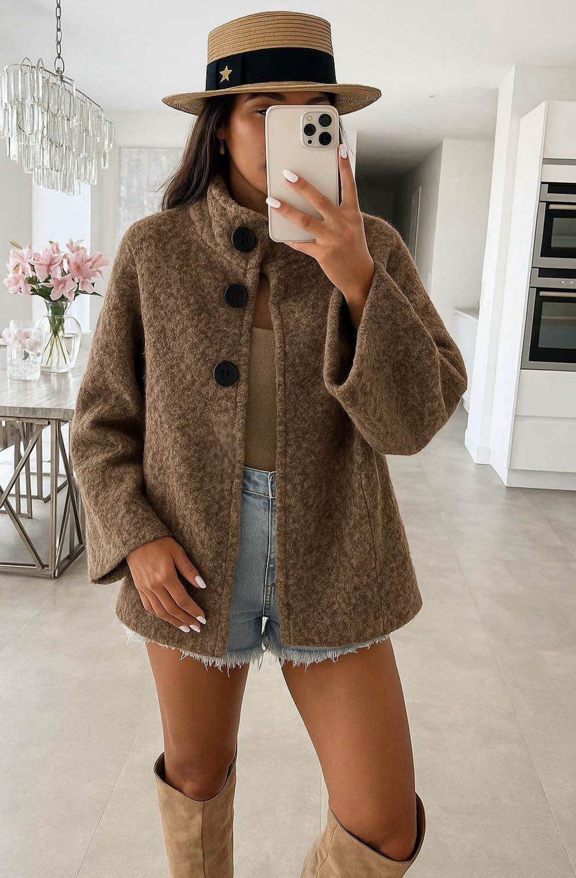 Rumi Bell Sleeve Bouclé Poncho Jacket-Brown