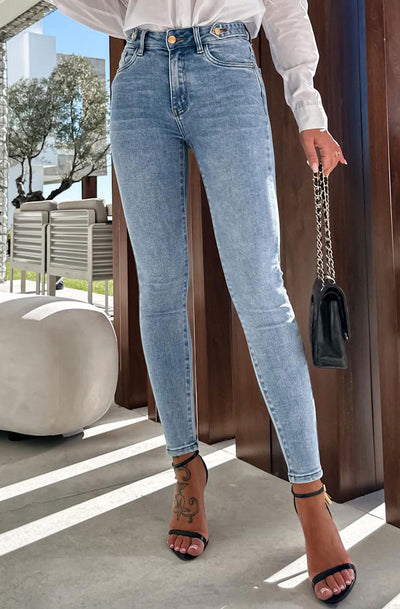 Safina Button Detail Skinny Jeans-Light Blue