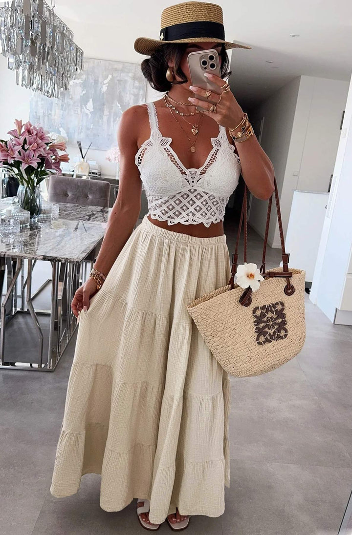 Sahara Cotton Gauze Style Tiered Maxi Skirt-Beige