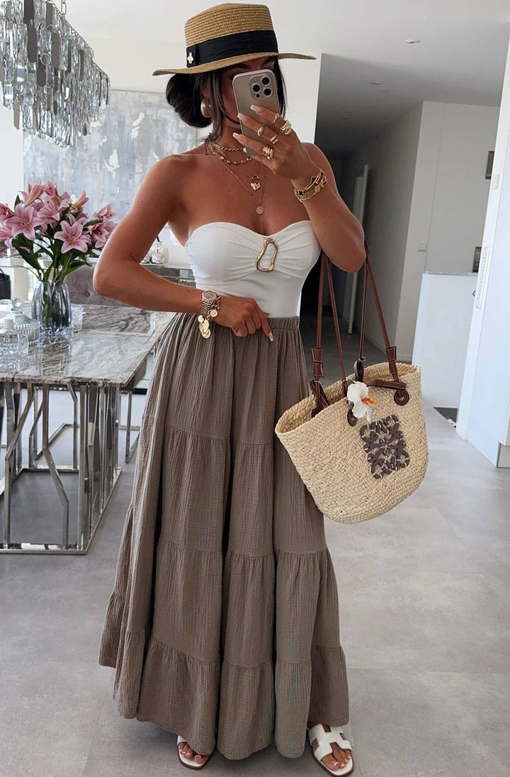 Sahara Cotton Gauze Style Tiered Maxi Skirt-Mocha