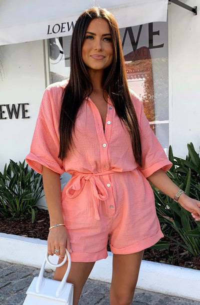 Sallie Belted Cotton Gauze Style Playsuit-Coral