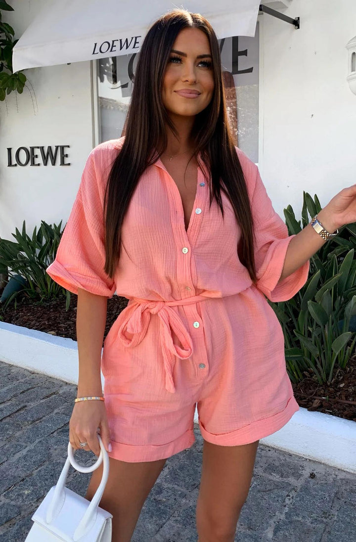 Sallie Belted Cotton Gauze Style Playsuit-Coral