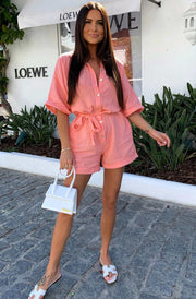Sallie Belted Cotton Gauze Style Playsuit-Coral