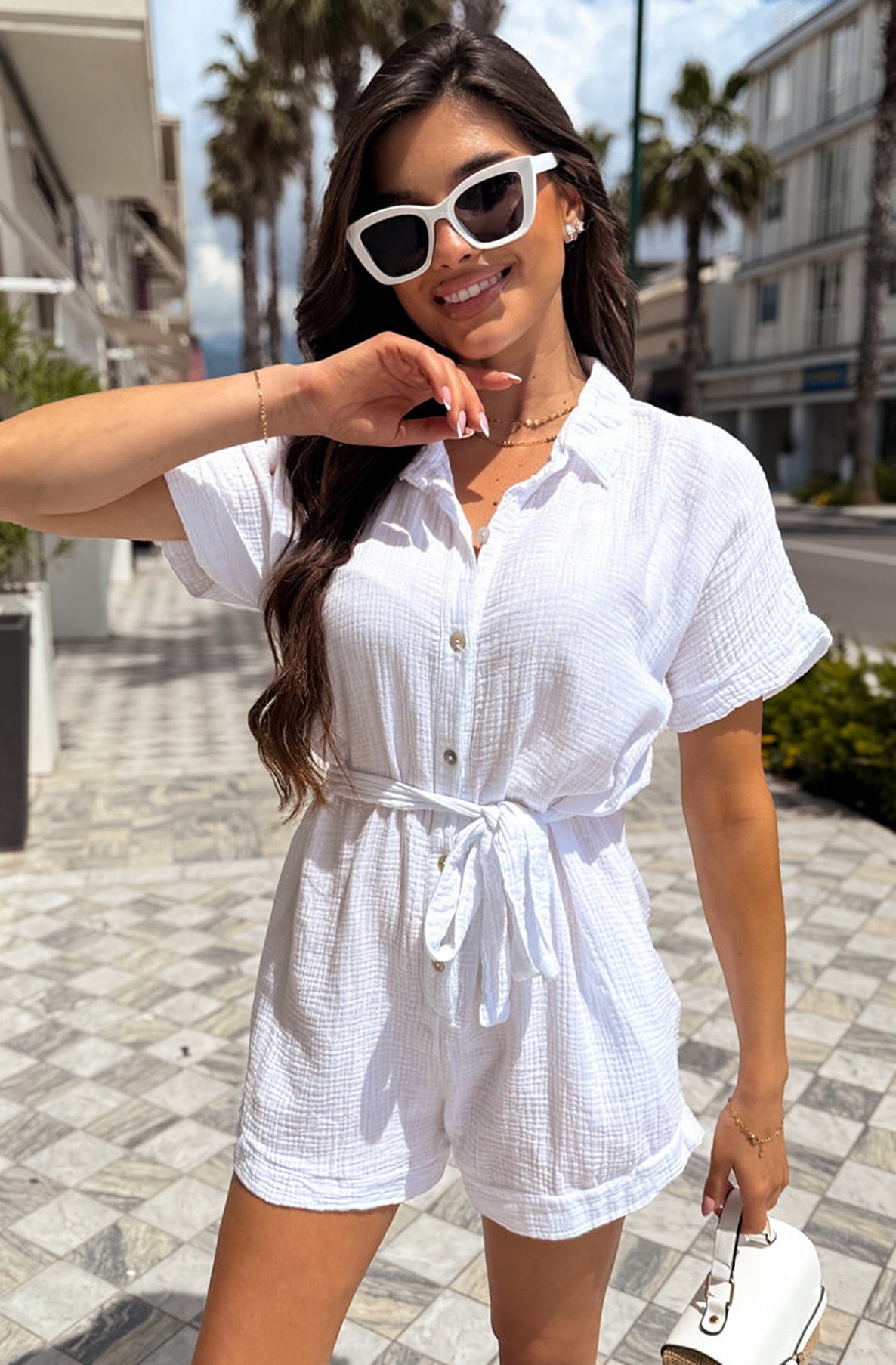 Sallie Belted Cotton Gauze Style Playsuit-Ivory