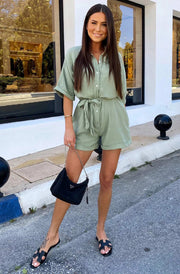 Sallie Belted Cotton Gauze Style Playsuit-Sage